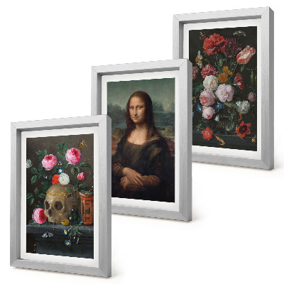 Composizione di 3 quadri Fiori vintage, teschio e ritratto della Gioconda di Leonardo da Vinci
