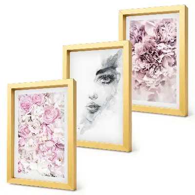 Composizione di 3 quadri con delicati ritratti in bianco e nero di una donna tra peonie