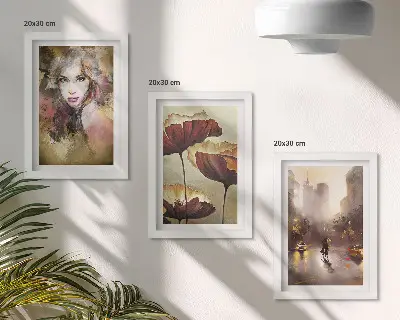 Trittico incorniciato ritratto astratto di una donna con fiori e città sotto la pioggia