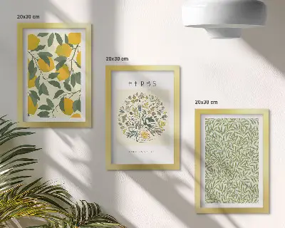 Trittico incorniciato con motivi di limoni, erbe aromatiche e foglie di piante