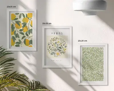 Trittico incorniciato con motivi di limoni, erbe aromatiche e foglie di piante