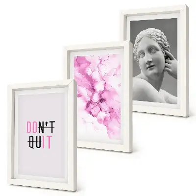 Composizione di 3 quadri con astrazione ad acquerello, slogan ispiratore e scultura antica