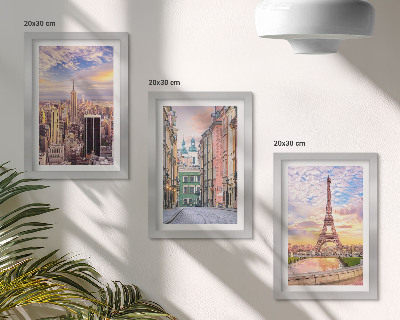 Composizione di 3 quadri Veduta delle città di New York, Parigi e Varsavia al crepuscolo