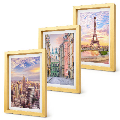 Composizione di 3 quadri Veduta delle città di New York, Parigi e Varsavia al crepuscolo