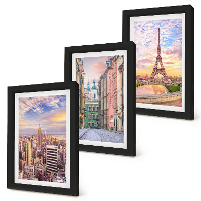 Composizione di 3 quadri Veduta delle città di New York, Parigi e Varsavia al crepuscolo
