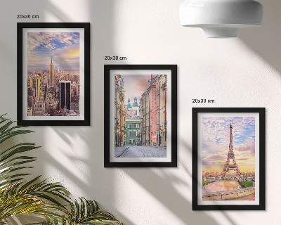 Composizione di 3 quadri Veduta delle città di New York, Parigi e Varsavia al crepuscolo