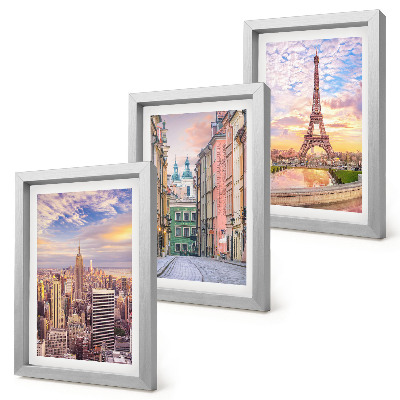 Composizione di 3 quadri Veduta delle città di New York, Parigi e Varsavia al crepuscolo