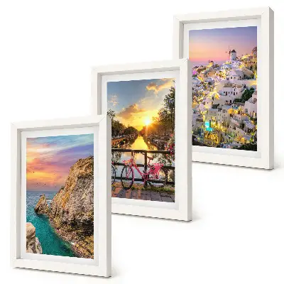 Vista sul mare con tramonto e sulla città trittico incorniciato
