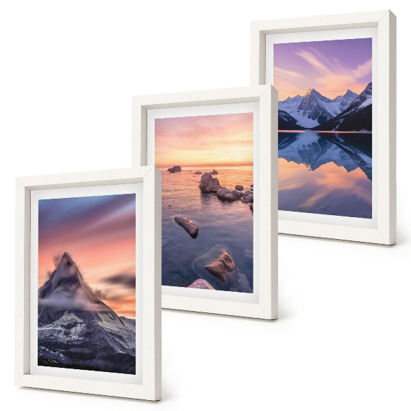 Composizione di 3 quadri Paesaggi di montagne, laghi e tramonti