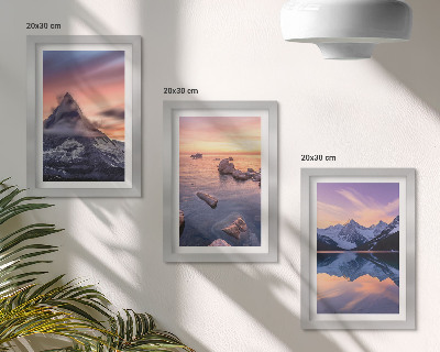 Composizione di 3 quadri Paesaggi di montagne, laghi e tramonti