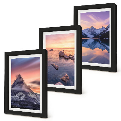 Composizione di 3 quadri Paesaggi di montagne, laghi e tramonti