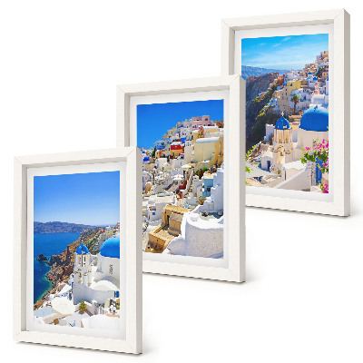Composizione di 3 quadri Vedute di architettura paesaggistica della città di Oia, Santorini, Grecia