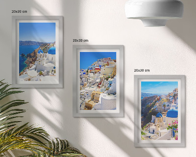 Composizione di 3 quadri Vedute di architettura paesaggistica della città di Oia, Santorini, Grecia
