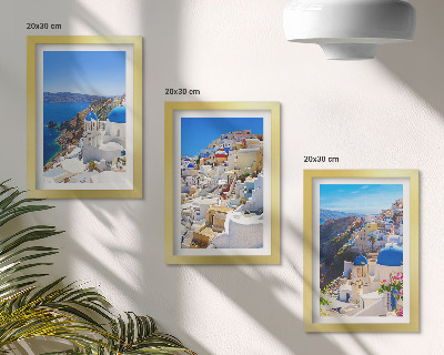 Composizione di 3 quadri Vedute di architettura paesaggistica della città di Oia, Santorini, Grecia
