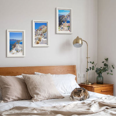 Composizione di 3 quadri Vedute di architettura paesaggistica della città di Oia, Santorini, Grecia