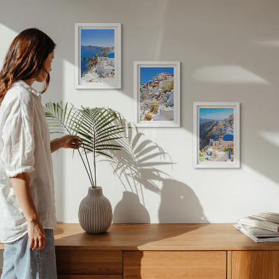 Composizione di 3 quadri Vedute di architettura paesaggistica della città di Oia, Santorini, Grecia