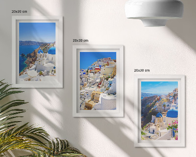 Composizione di 3 quadri Vedute di architettura paesaggistica della città di Oia, Santorini, Grecia