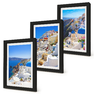 Composizione di 3 quadri Vedute di architettura paesaggistica della città di Oia, Santorini, Grecia