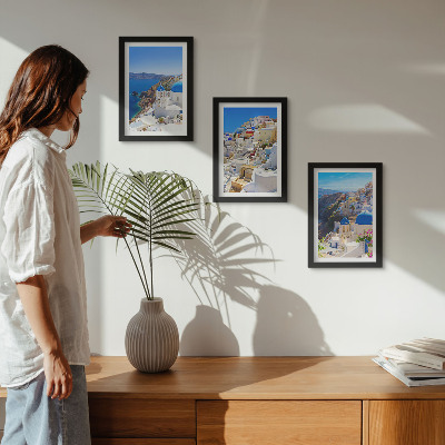 Composizione di 3 quadri Vedute di architettura paesaggistica della città di Oia, Santorini, Grecia