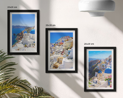 Composizione di 3 quadri Vedute di architettura paesaggistica della città di Oia, Santorini, Grecia