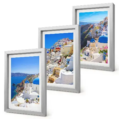 Composizione di 3 quadri vedute di architettura paesaggistica della città di Oia a Santorini in Grecia