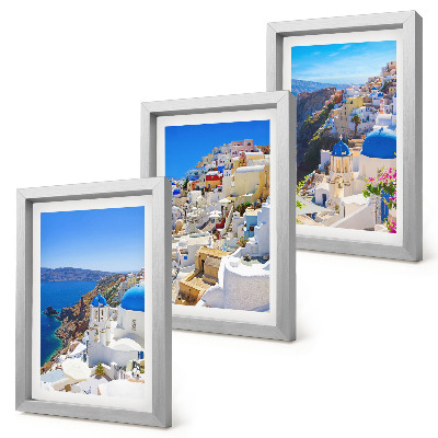 Composizione di 3 quadri Vedute di architettura paesaggistica della città di Oia, Santorini, Grecia