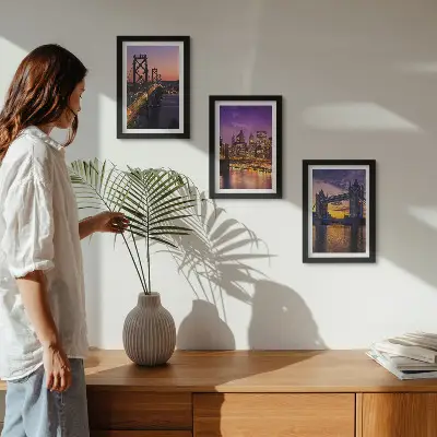 Ponti al tramonto e paesaggi urbani trittico incorniciato