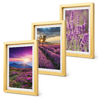 Composizione di 3 quadri Paesaggio con campi di lavanda e tramonto