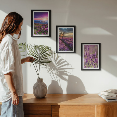 Composizione di 3 quadri Paesaggio con campi di lavanda e tramonto