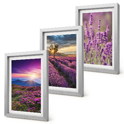 Composizione di 3 quadri Paesaggio con campi di lavanda e tramonto