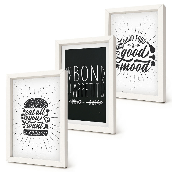 Trittico incorniciato Grafica con slogan legati al cibo e alla cucina.