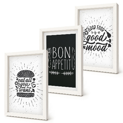 Trittico incorniciato Grafica con slogan legati al cibo e alla cucina.
