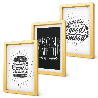 Trittico incorniciato Grafica con slogan legati al cibo e alla cucina.