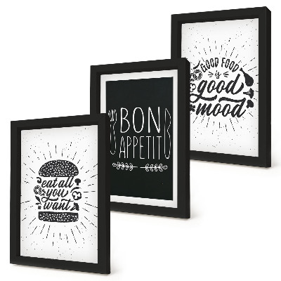 Trittico incorniciato Grafica con slogan legati al cibo e alla cucina.