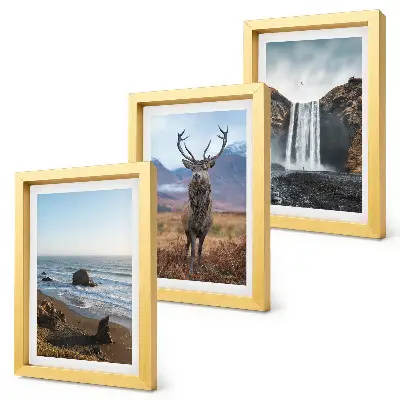 Composizione di 3 quadri con paesaggi montani, cascata, cervo e spiaggia