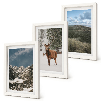Trittico incorniciato Montagne innevate, cervi nella foresta, paesaggi