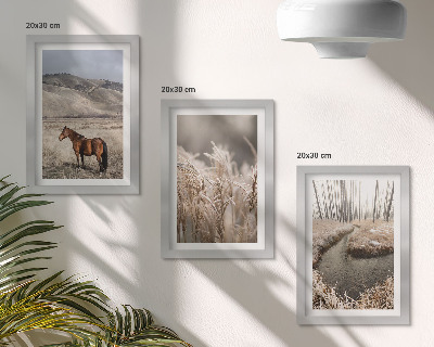 Composizione di 3 quadri Cavalli in un paesaggio di prati e un ruscello invernale