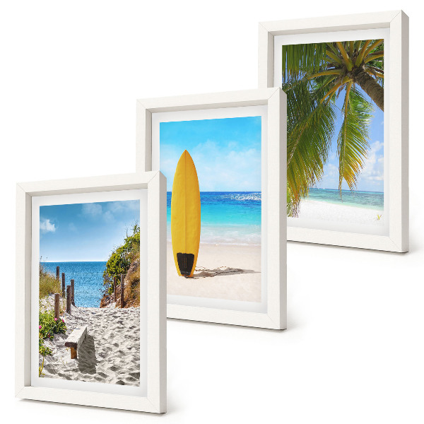 Composizione di 3 quadri Immagini di vacanza della spiaggia, delle onde e delle palme ai tropici.