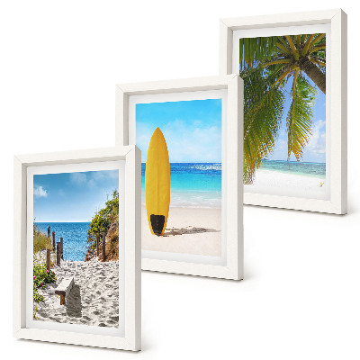 Composizione di 3 quadri Immagini di vacanza della spiaggia, delle onde e delle palme ai tropici.