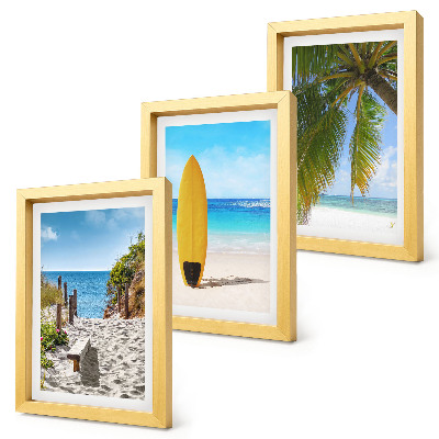 Composizione di 3 quadri Immagini di vacanza della spiaggia, delle onde e delle palme ai tropici.