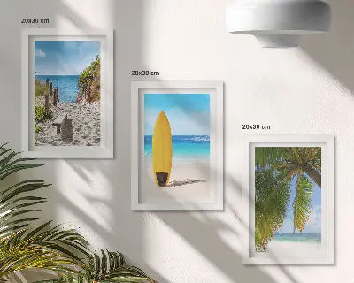 Set di 3 quadri immagini di vacanza con spiaggia, onde e palme tropicali