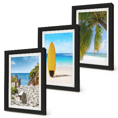Composizione di 3 quadri Immagini di vacanza della spiaggia, delle onde e delle palme ai tropici.