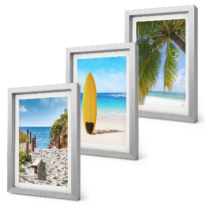 Composizione di 3 quadri Immagini di vacanza della spiaggia, delle onde e delle palme ai tropici.