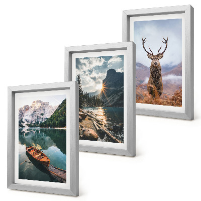 Composizione di 3 quadri Lago di montagna, barca, tramonto, cervo nella natura