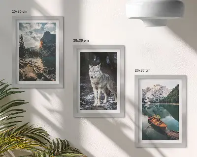 Composizione di 3 quadri raffiguranti montagne, laghi e un lupo nel loro ambiente naturale