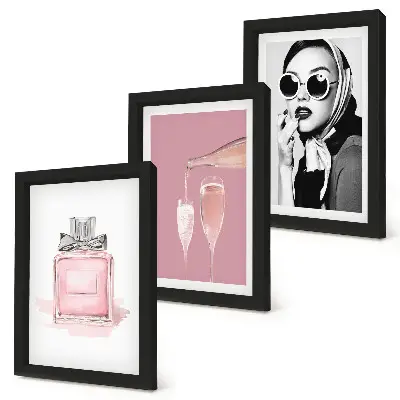 Composizione di 3 quadri con eleganti accessori femminili nelle tonalità del rosa