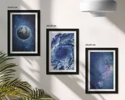 Composizione di 3 quadri rappresentazione della Terra nello spazio con tempesta e galassia di stelle