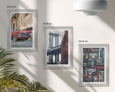 Composizione di 3 quadri Una vecchia auto in strada vicino al ponte di Brooklyn e apparecchiature audio retrò.