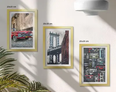 Composizione di 3 quadri con una vecchia auto in strada vicino al ponte di Brooklyn e apparecchiature audio retrò