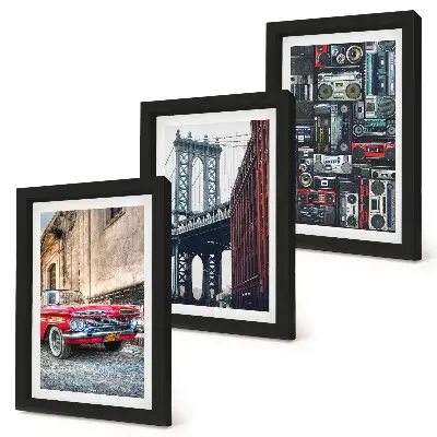 Composizione di 3 quadri con una vecchia auto in strada vicino al ponte di Brooklyn e apparecchiature audio retrò